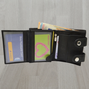 Herren Brieftasche Ledergeldbörse Hochformat mit Karabiener Hosenkette schwarz